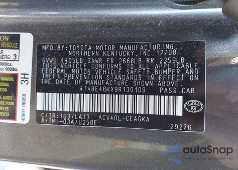 2009 Toyota Camry Xle из США, поврежденный, VIN 4T4BE46KX9R130109